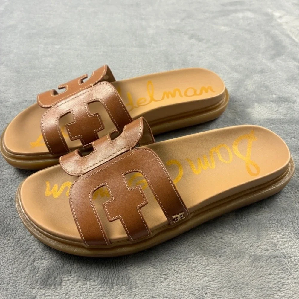 Sam Edelman Valeri Platform Slide Sandals Womens 6M Brown Leather Cutout Logo - Picture 1 of 15
